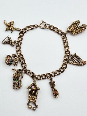 Vintage Whimsical Charm Bracelet Ballet Cuckoo Clock Hand Harp Ice Skate Phone